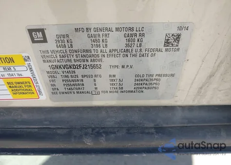 2015 Chevrolet Traverse 1Lt from USA, damaged, VIN 1GNKVGKD2FJ215652